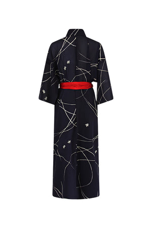 Navy blue summer silk kimono duster wrap with white flowers