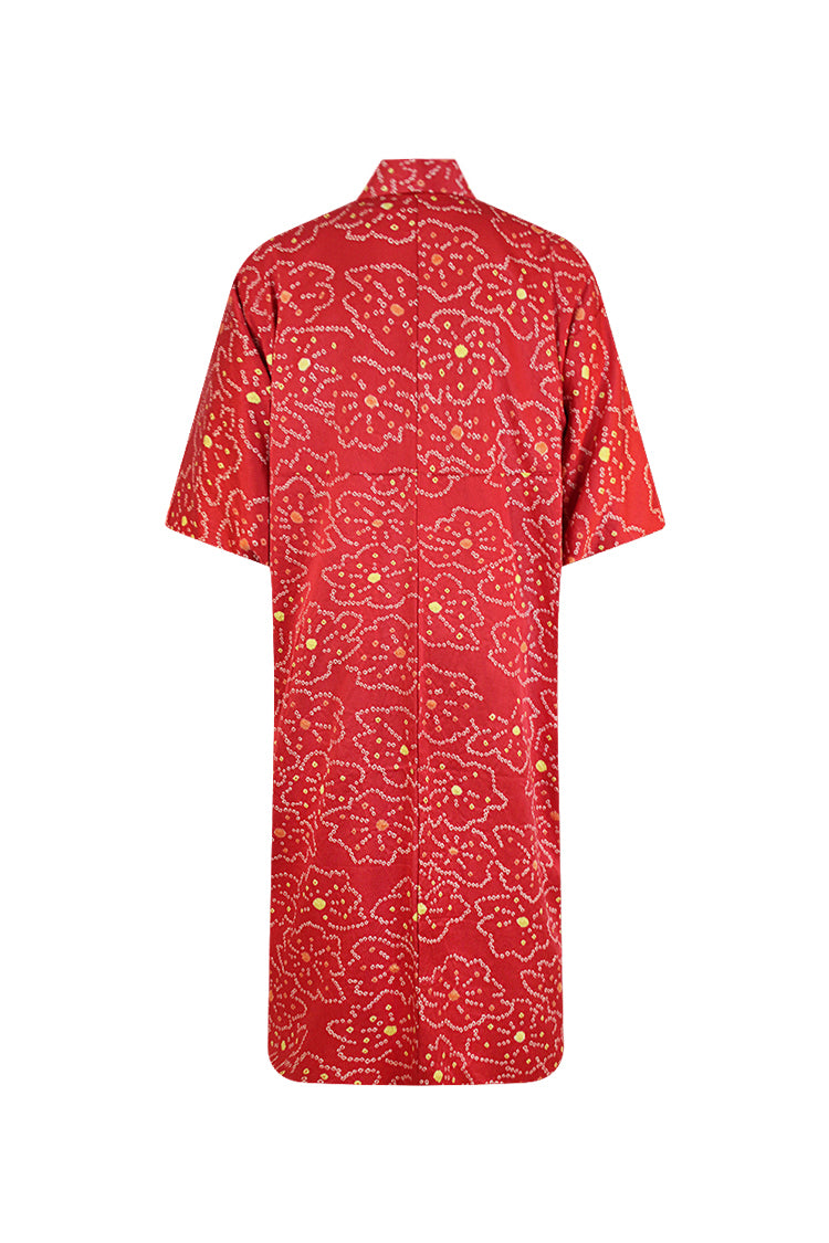Coral  silk kimono coat with tie dyed design of yellow and orange dots