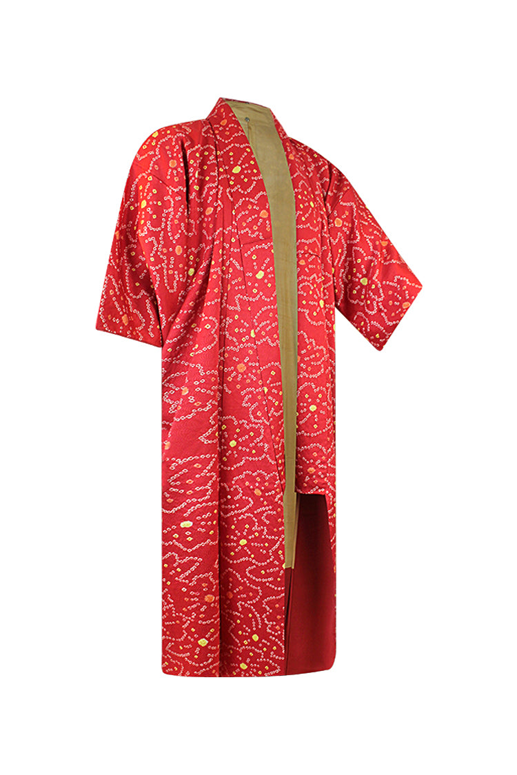 Coral  silk kimono coat with tie dyed design of yellow and orange dots