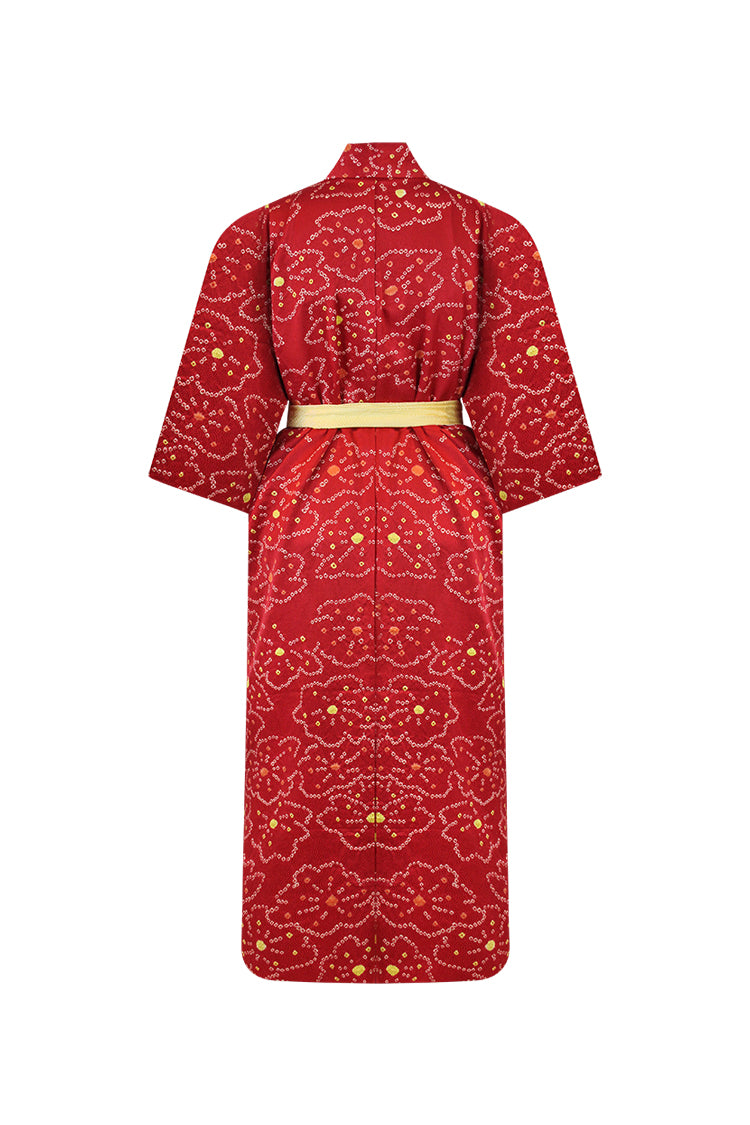 Coral  silk kimono coat with tie dyed design of yellow and orange dots