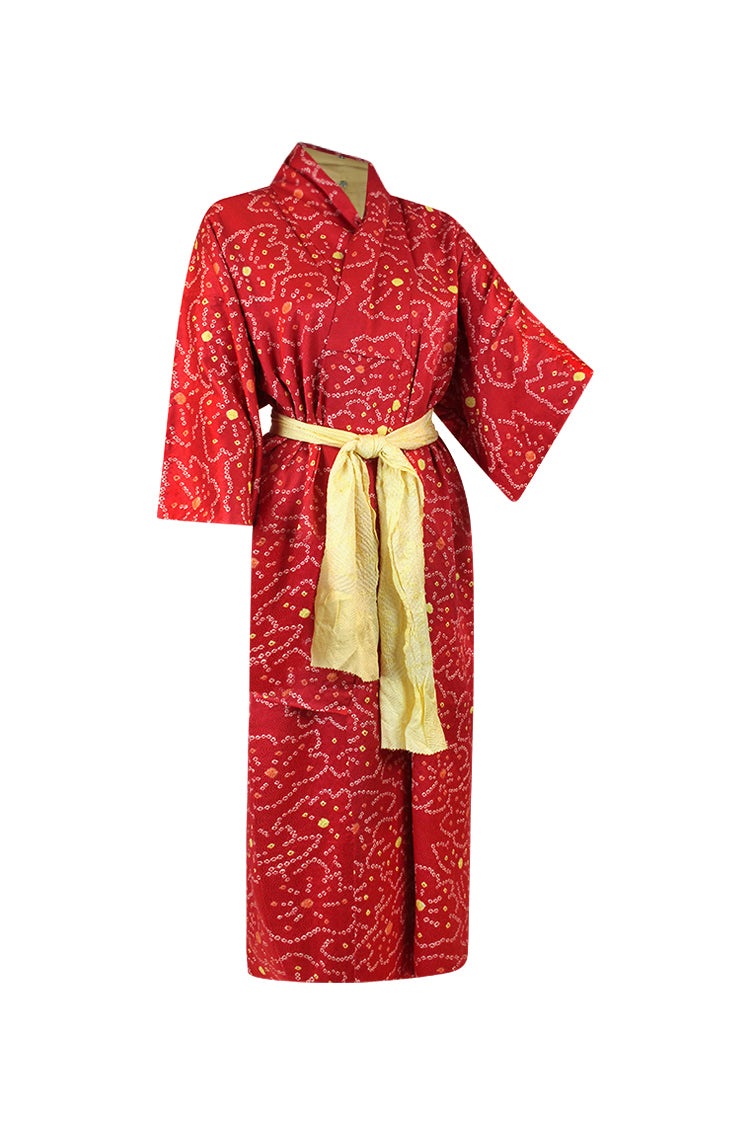 Coral  silk kimono coat with tie dyed design of yellow and orange dots