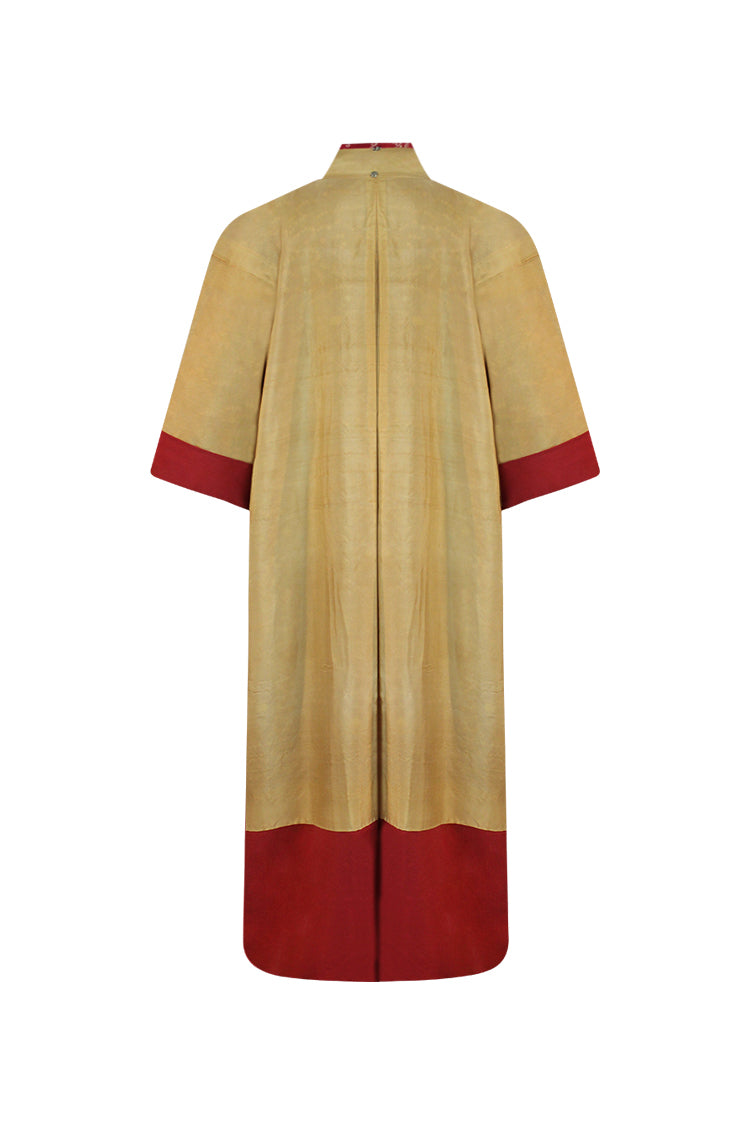 Coral  silk kimono coat with tie dyed design of yellow and orange dots