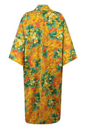 Refashioned orange and yellow silk kimono with green floral design