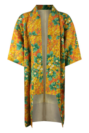 refashioned floral design silk kimono with reduced sleeves and shortened length