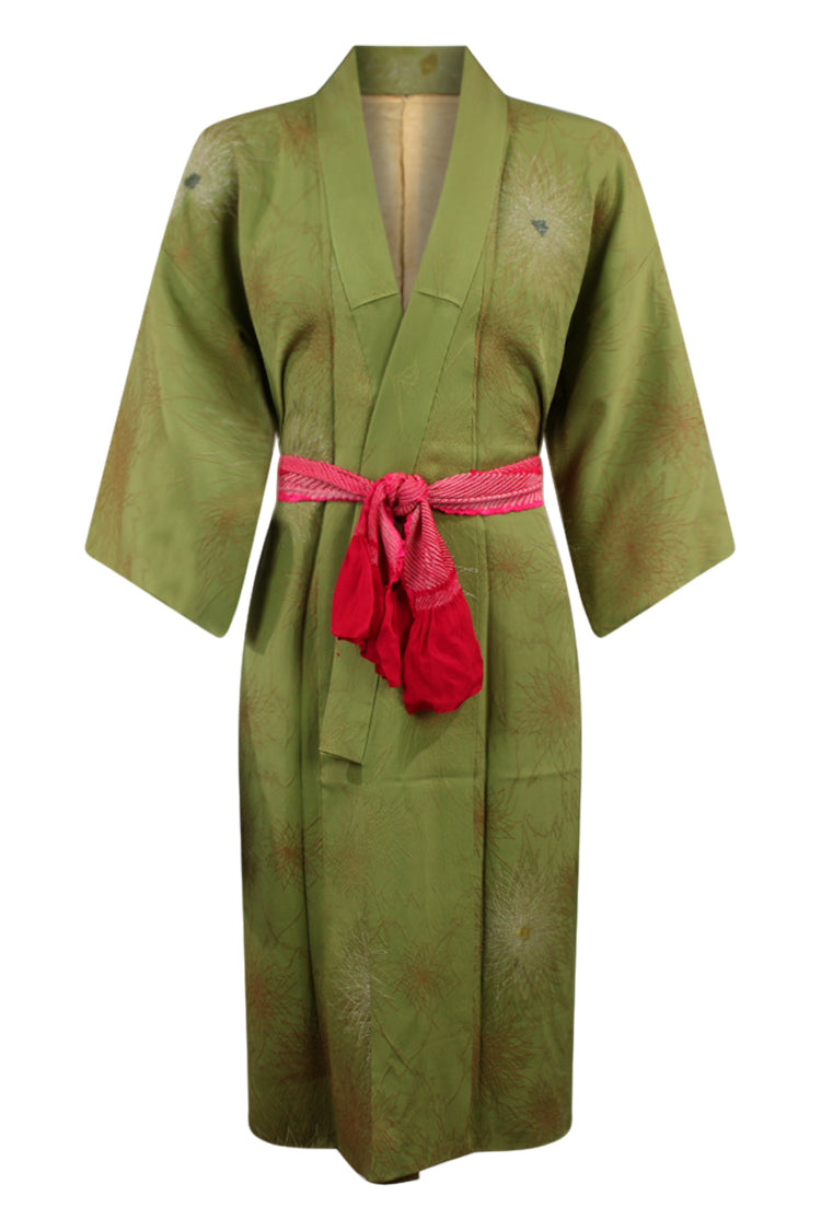 olive green kimono metallic flowers - Kiku 
