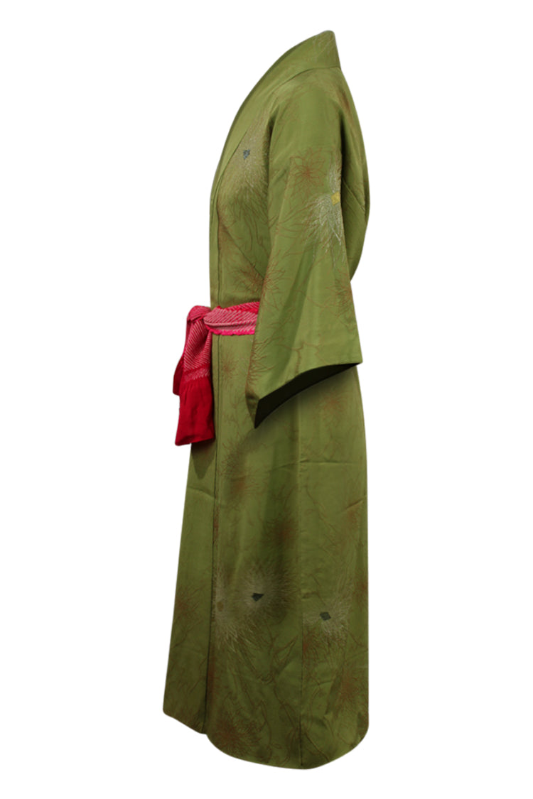 olive green kimono metallic flowers - Kiku 