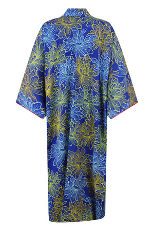 Gender neutral luxury kimono robe for men and women in floral blue