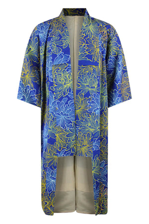 Silk kimono robe for men refashioned with reduced sleeves in brilliant blue