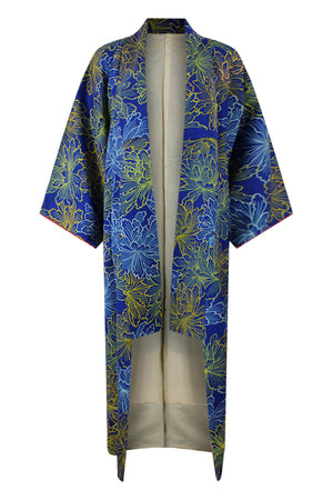 Upcycled blue silk kimono restyled for modern women and men