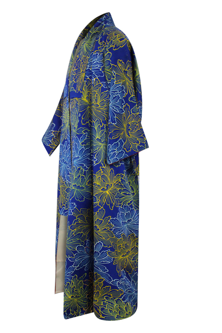 side view of refashioned blue silk kimono robe with shortened sleeves