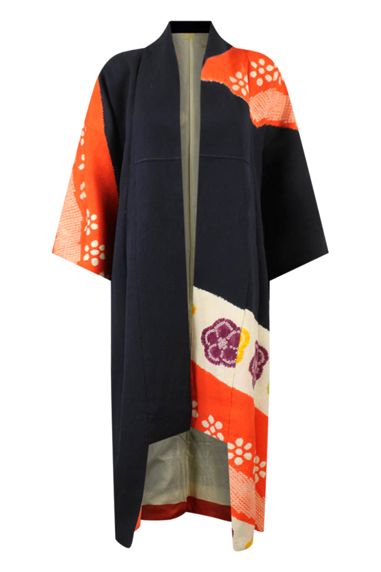 navy blue refashioned kimono robe with orange asymmetric design