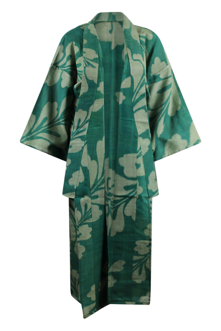 open front of green silk vintage kimono updated for today