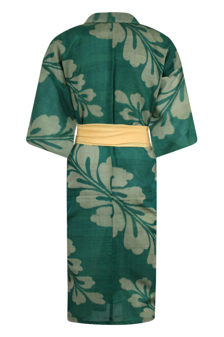 back view of sashed green updated vintage kimono on large model