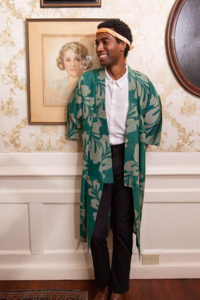 man in green vintage silk kimono with refashioned sleeves
