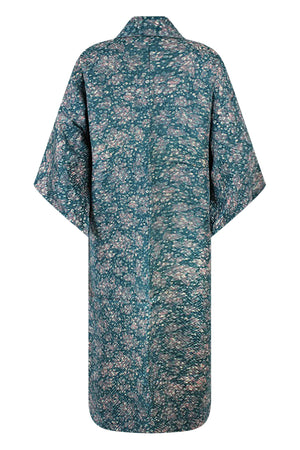 beautiful blue and lavender floral print on vintage silk kimono with refashioned sleeves