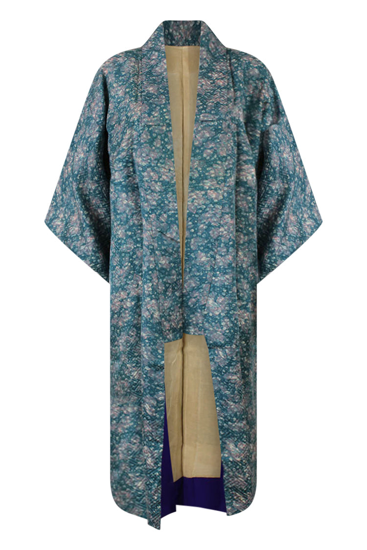 blue vintage refashioned kimono with universal sizing that fits most everyone