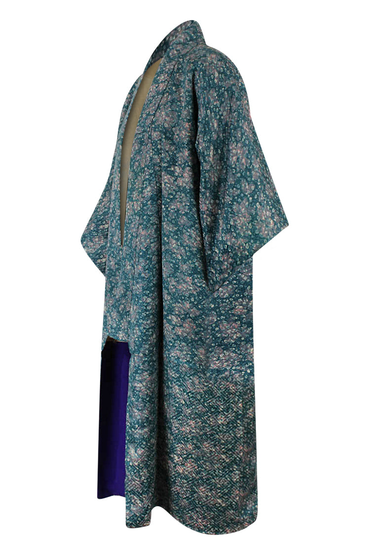side view of blue and lavender vintage kimono robe with reduced sleeves