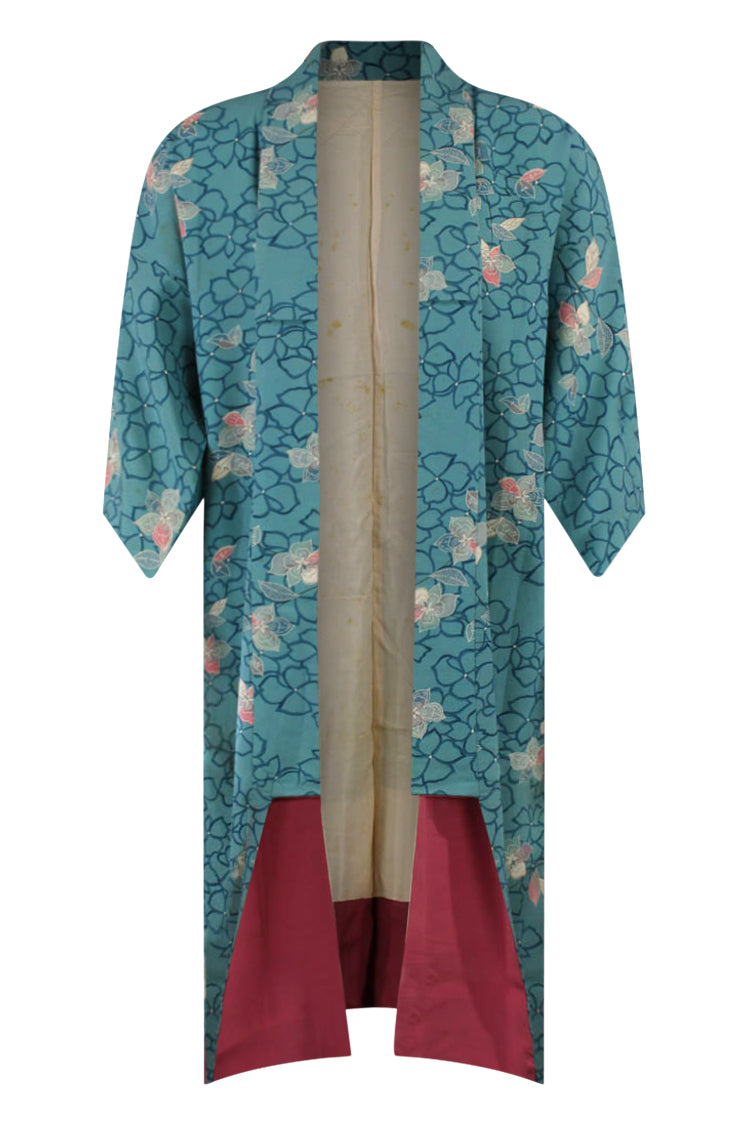 One of a kind blue floral silk kimono robe with reduced sleeves