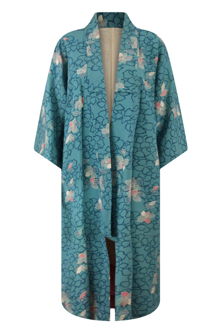 luxury silk kimono robe for women with blue floral print