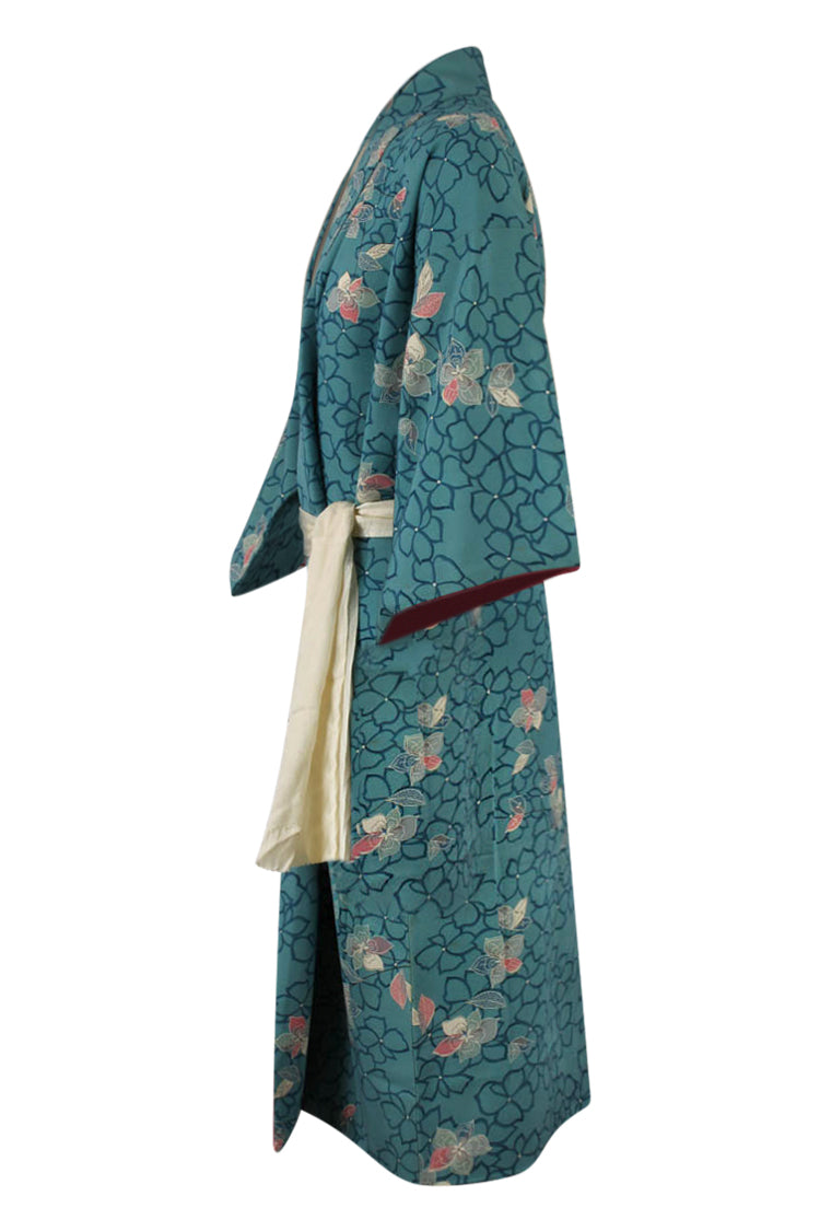 blue floral silk kimono robe with white sash