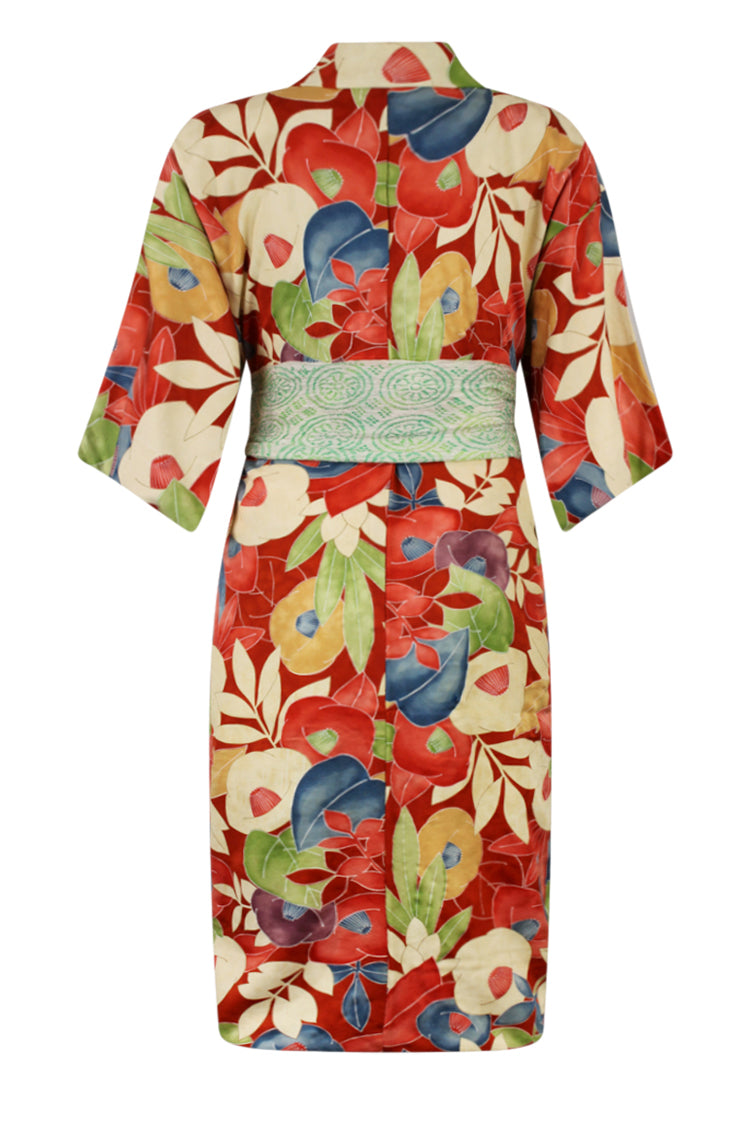 back view of floral silk vintage kimono