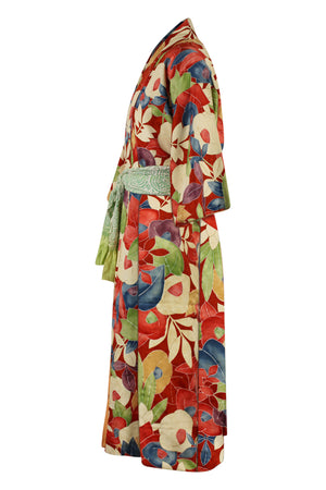 side view of refashioned vintage kimono with bold print