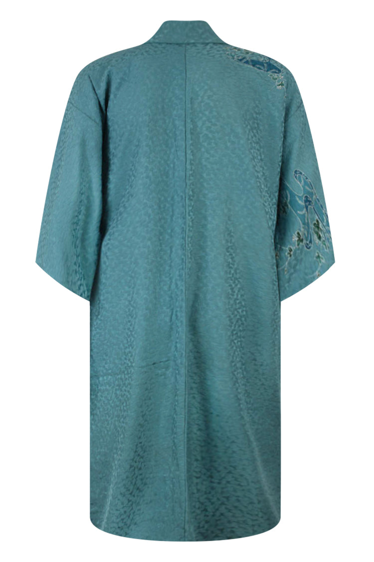 gender neutral blue refashioned silk kimono on large model
