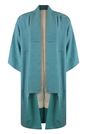 teal refashioned vintage kimono with reduced sleeves and shortened hem