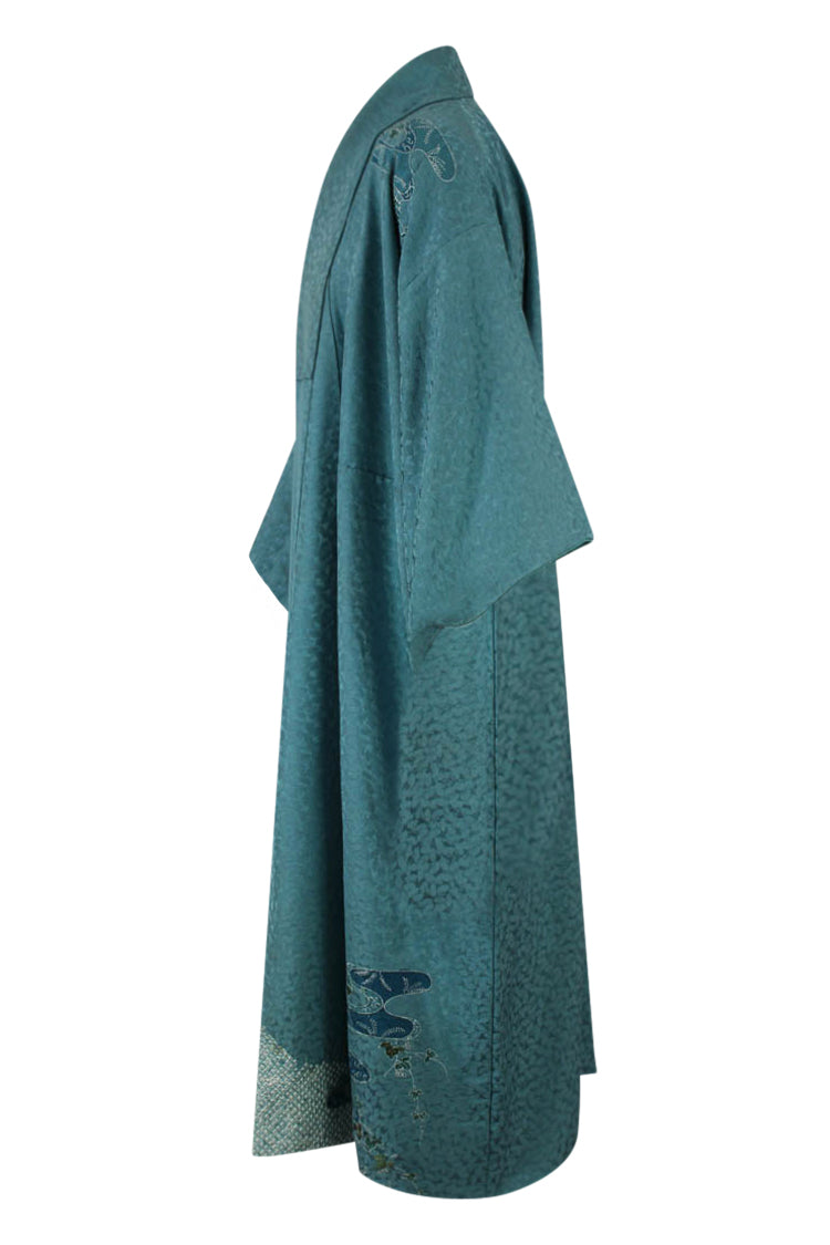 side view of blue green silk kimono refashioned with  smaller sleeves