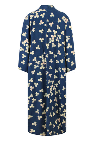 Upcycled silk kimono robe in navy blue with white flowers