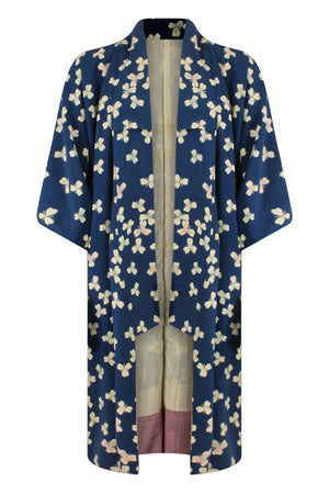 Refashioned navy silk kimono with reduced sleeves and shortened hem