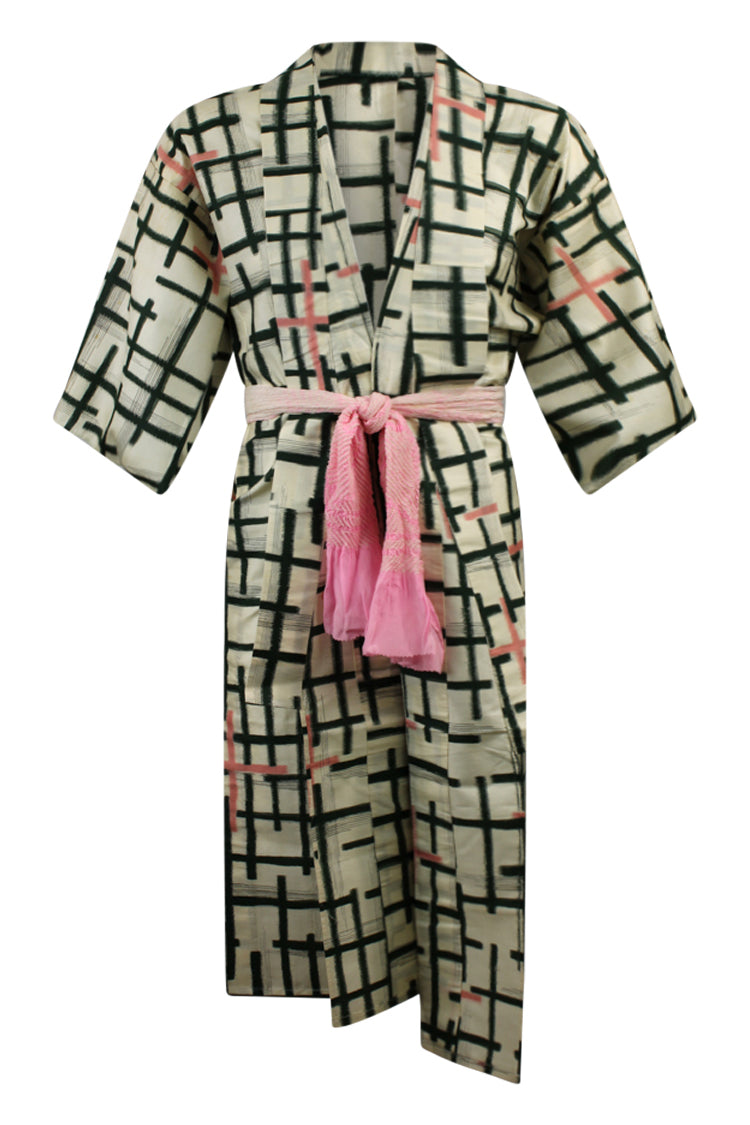 white vintage kimono with grid design and refashioned sleeves