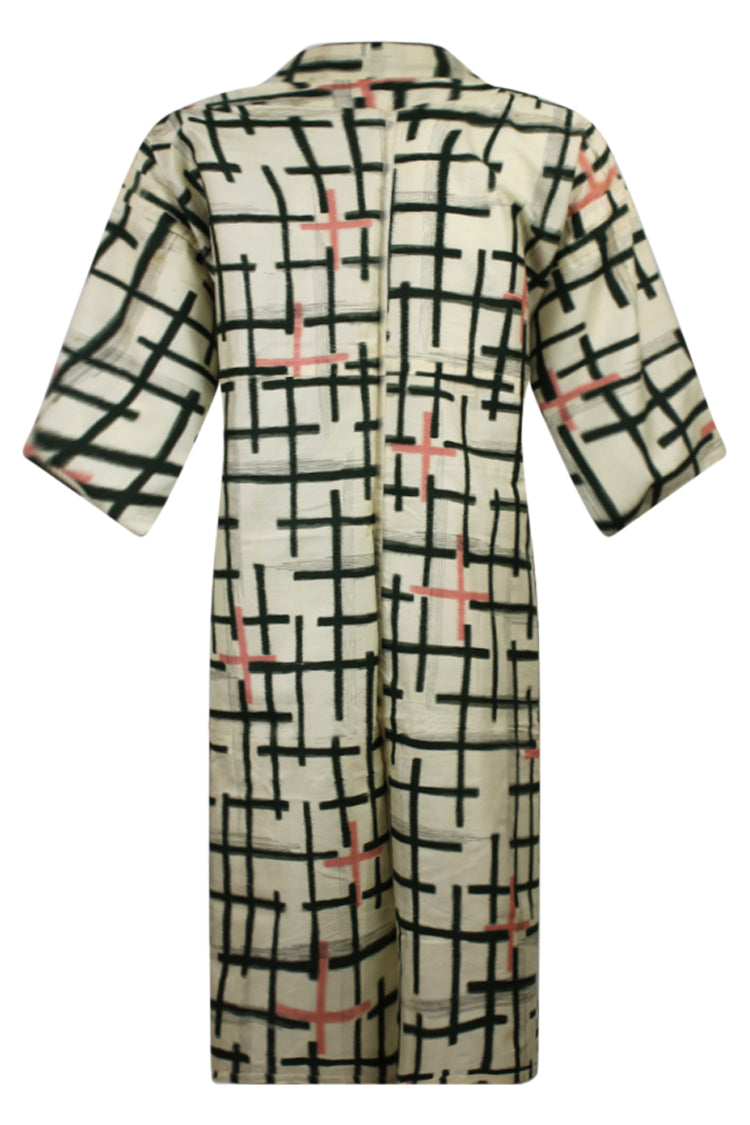 back view on large model of white vintage kimono with grid design