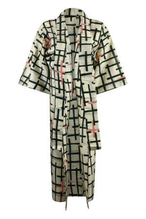 front view on small model of white and green refashioned kimono