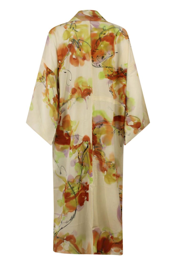 light weight silk kimono duster with abstract orange design and reduced sleeves and length