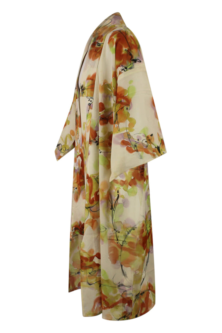 abstract orange on cream silk vintage kimono duster refashioned for modern wear