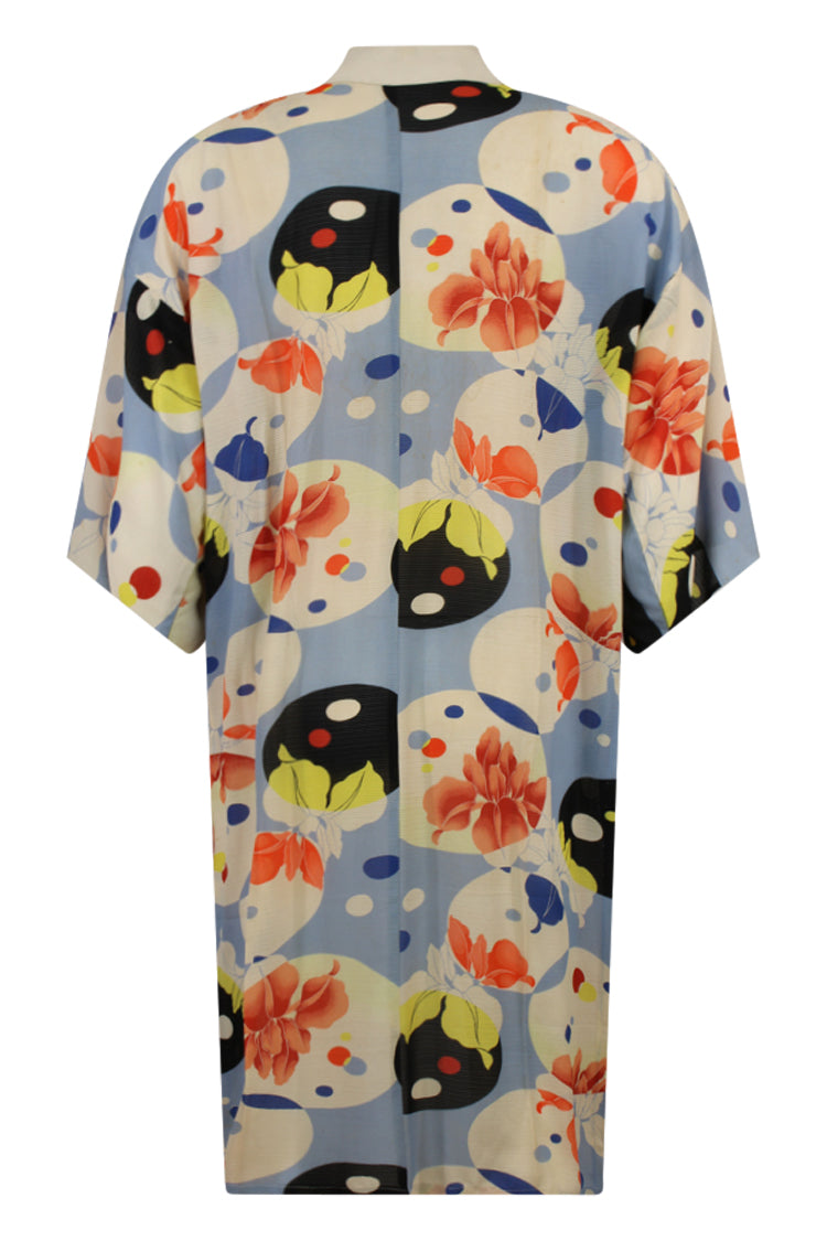 blue and orange summer silk kimono - Kiku 