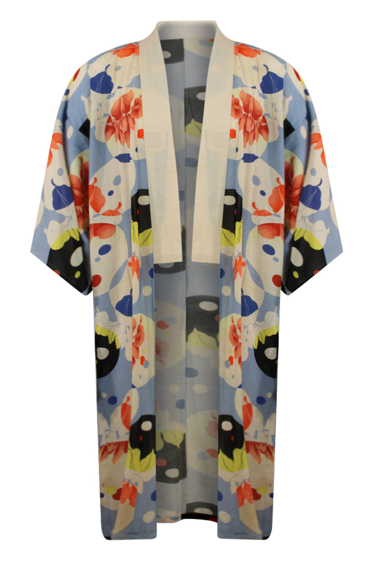 blue and orange summer silk kimono - Kiku 