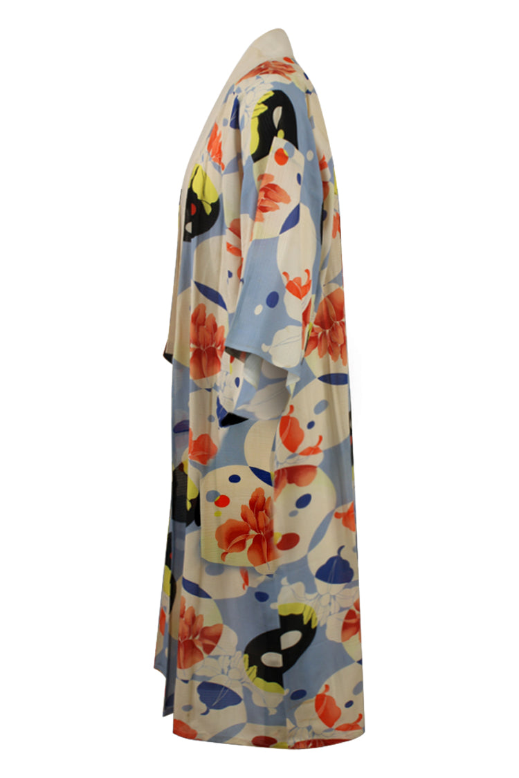 blue and orange summer silk kimono - Kiku 