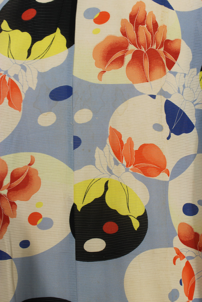 blue and orange summer silk kimono - Kiku 