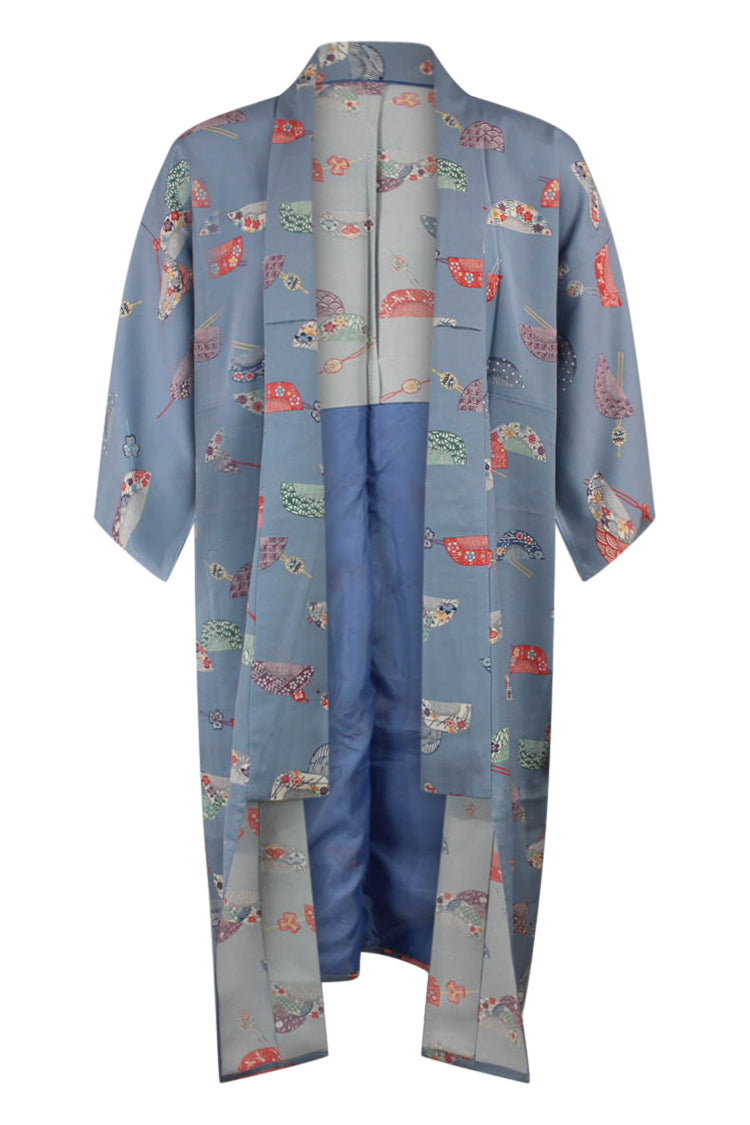 one of a kind upcycled blue silk kimono