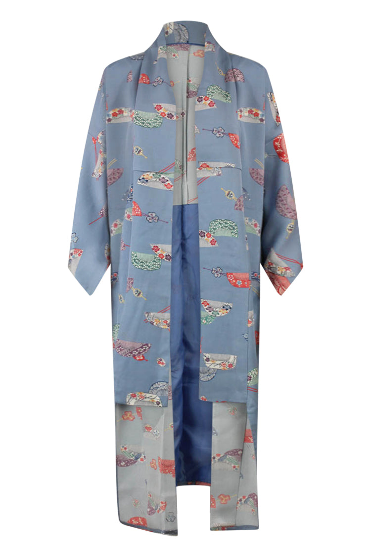 baby blue upcycled silk kimono robe refashioned for modern use
