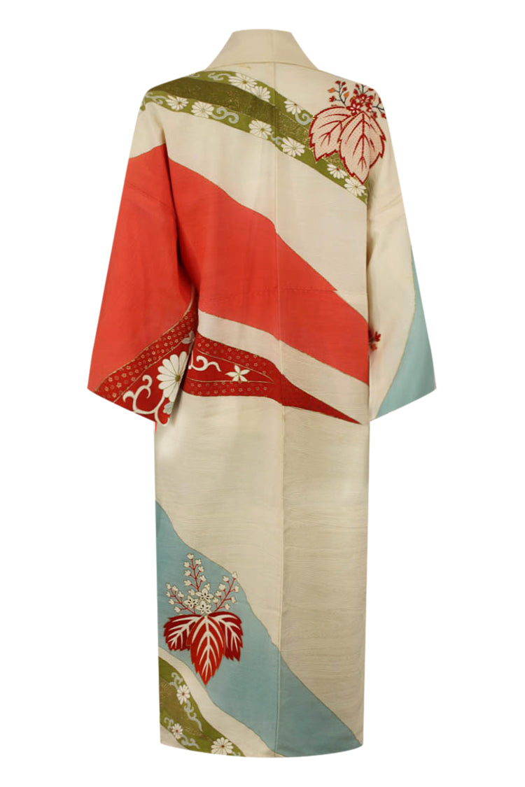 light weight cream colored silk kimono with asymmetric diagonal designs