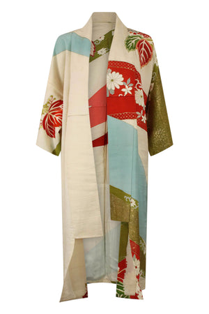 Beautiful upcycled vintage silk kimono robe with blues, reds and whites