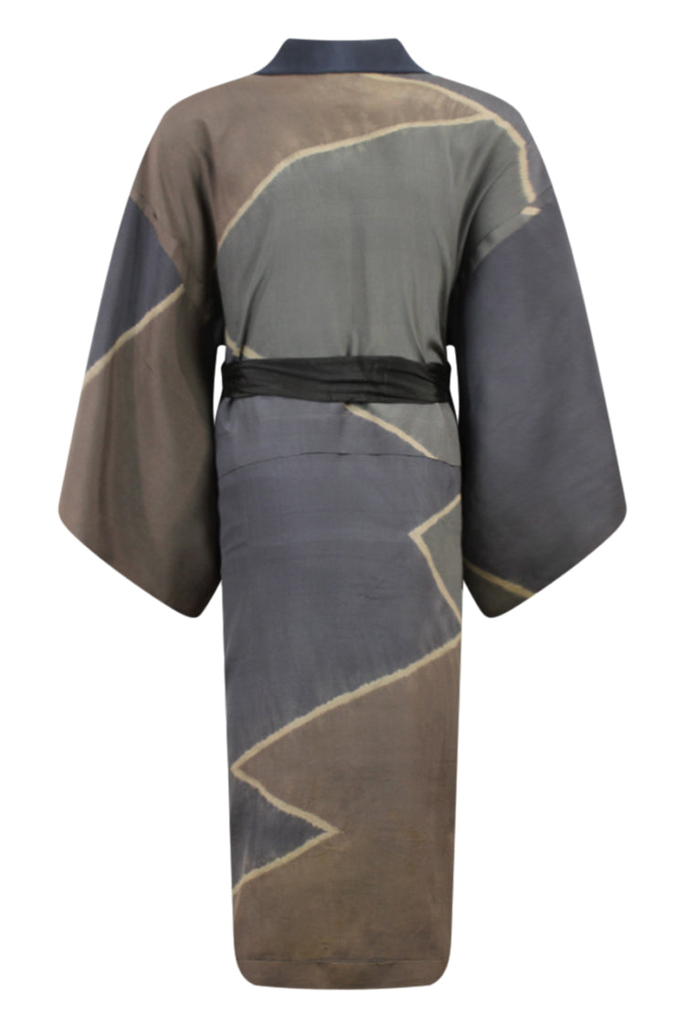 back view of vintage man's under kimono in browns and grays