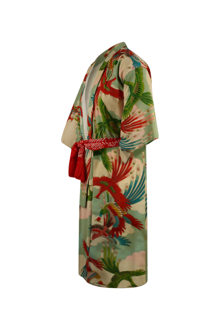 side view of red and green vintage silk kimono updated for today