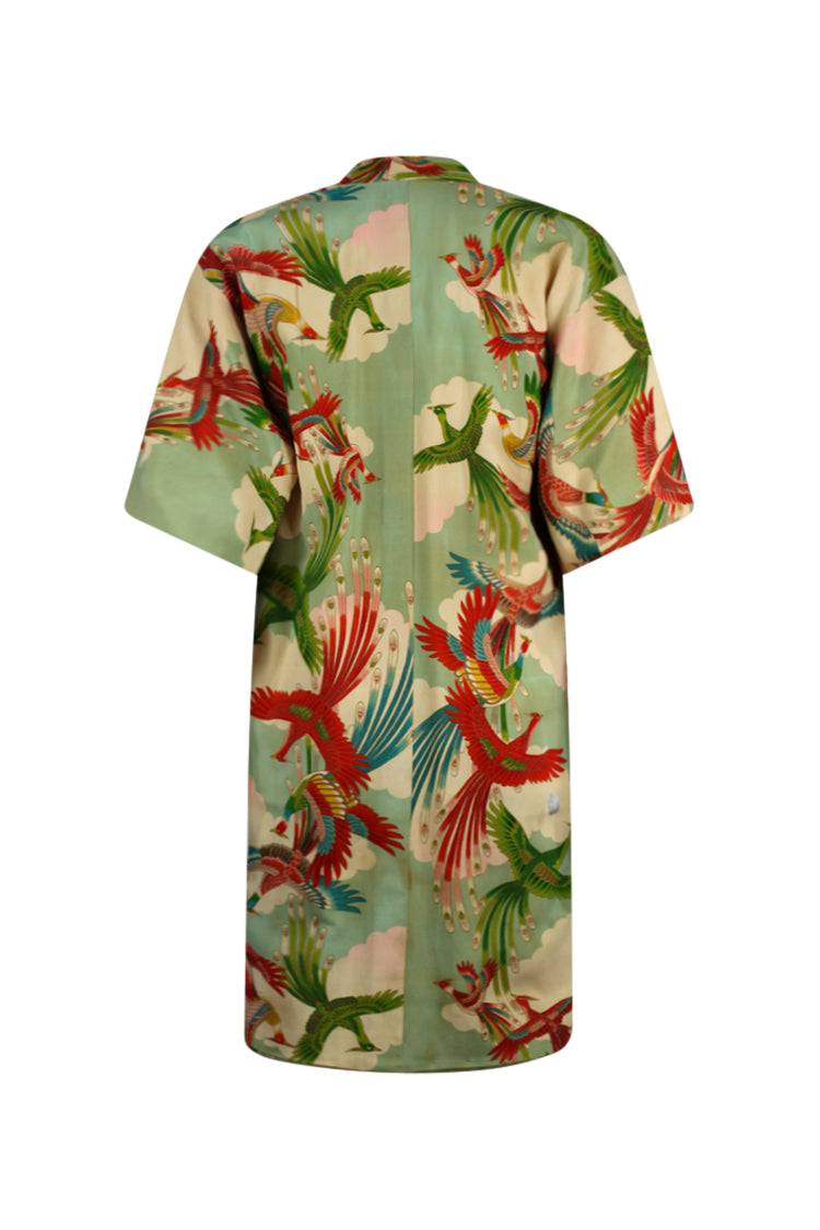 back view on large model of green vintage refashioned kimono