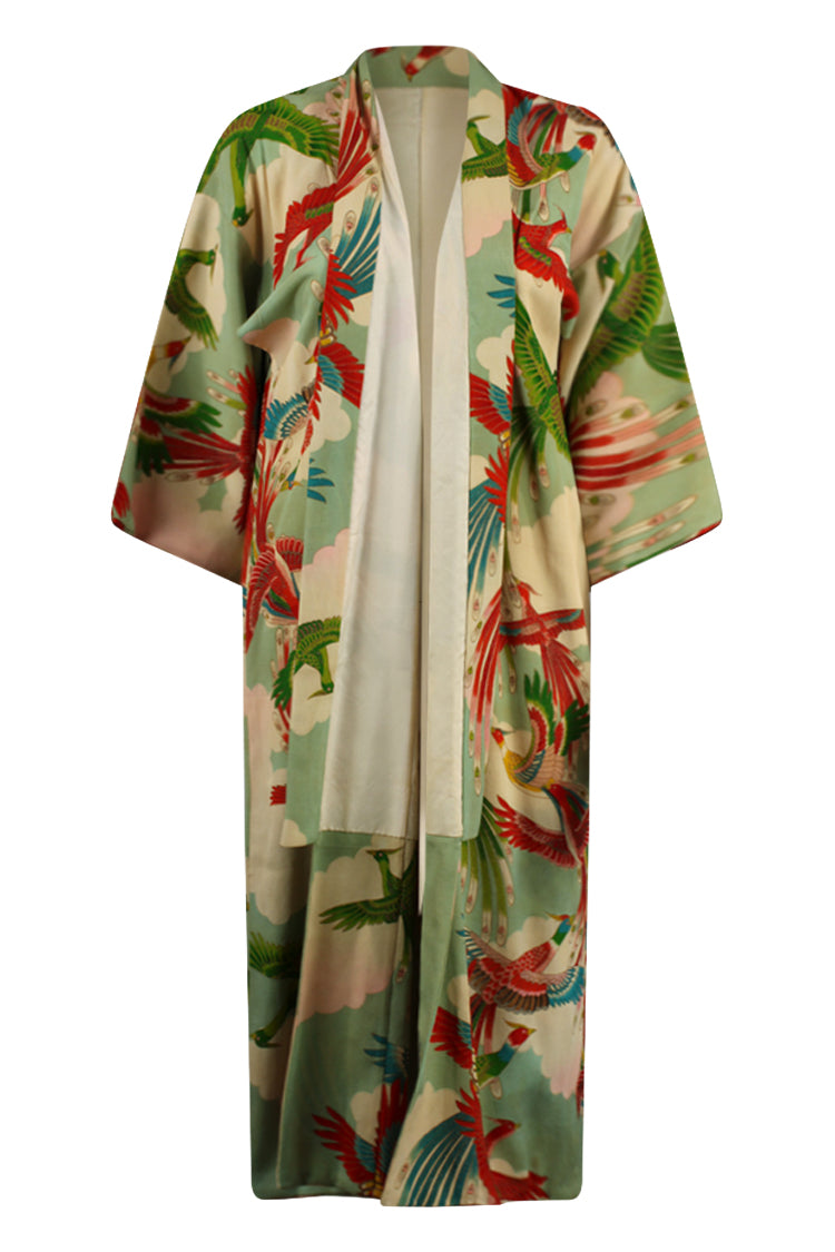 Front view of green and creem vintage kimono upcycled and updated with modified sleeves