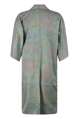 Pale blue refashioned silk kimono with subtle dot design 