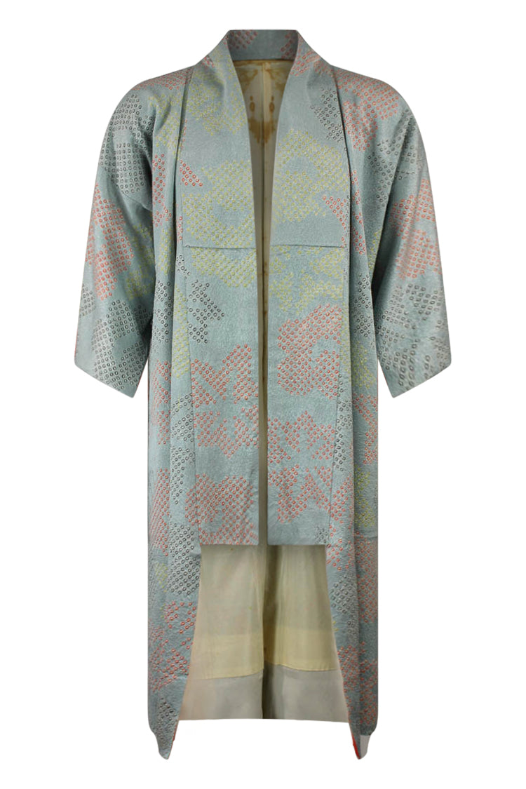 front view on large model of refashioned blue silk kimono